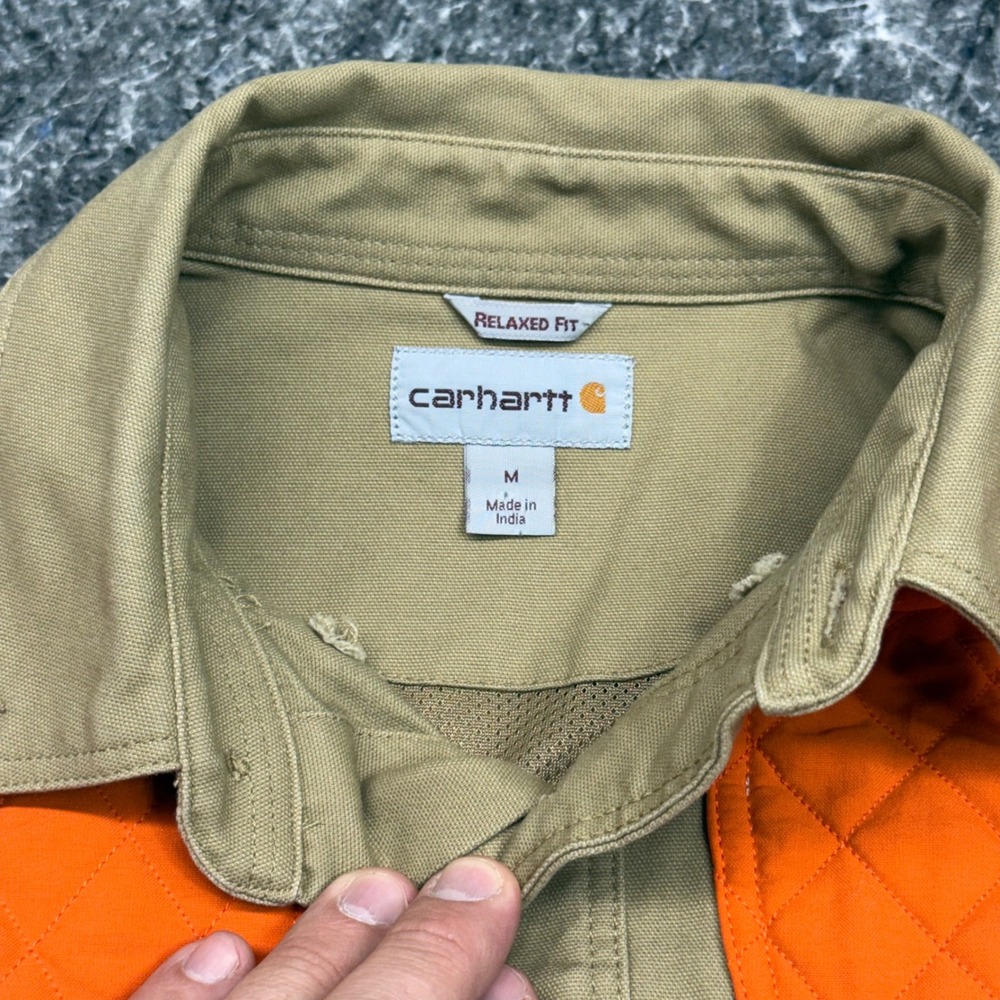 Carhartt Upland Field Shirt Mens Medium Tan Blaze Orange Hunting Shooting Top - Picture 7 of 9